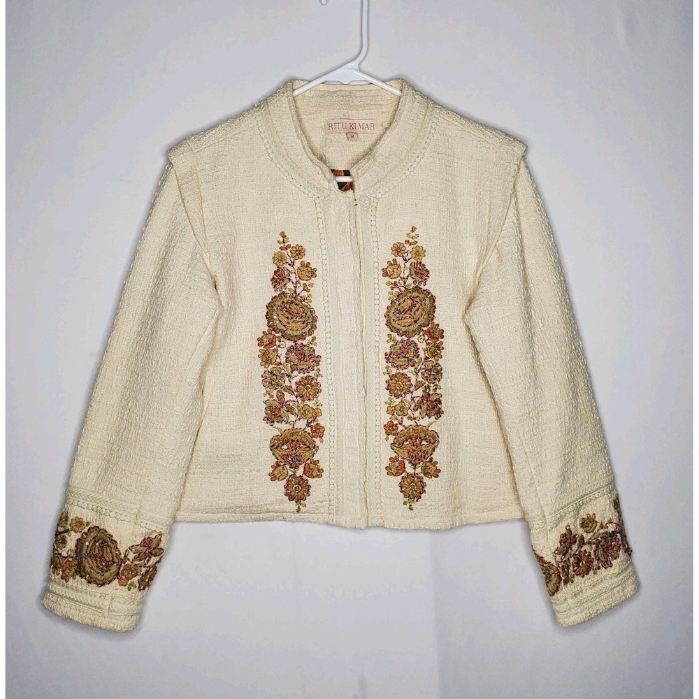 Ritu Kumar Jacket Medium Womens Woven Cream Embroidered Textured Pocket Boho